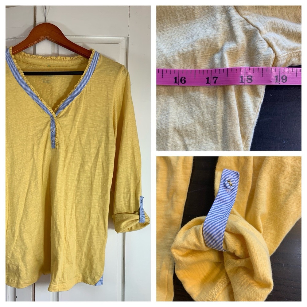 LL Bean Butter Yellow Shirt Womens Top Slub Roll Tab‎ Blue Stripe Trim Preppy